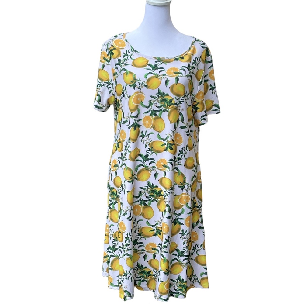 Lemons T’shirt Dress YELETE Size XL Yellow White Crew Neck Pockets Fit N Flare